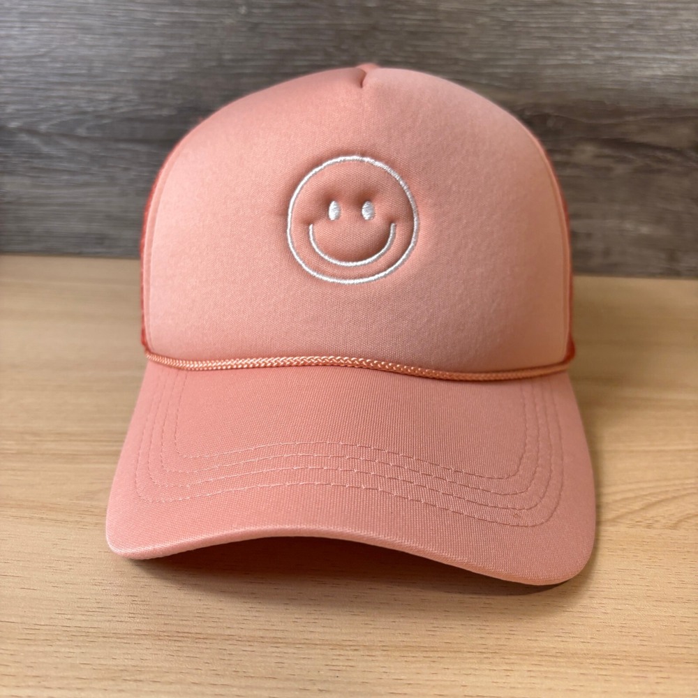 Smiley Face Hat Cap Snap Back Womens Salmon Pink Trucker Adjustable